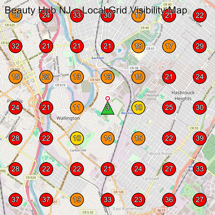 Beauty Hub NJ GeoGrid visibility map for Beauty Salon in Clifton
